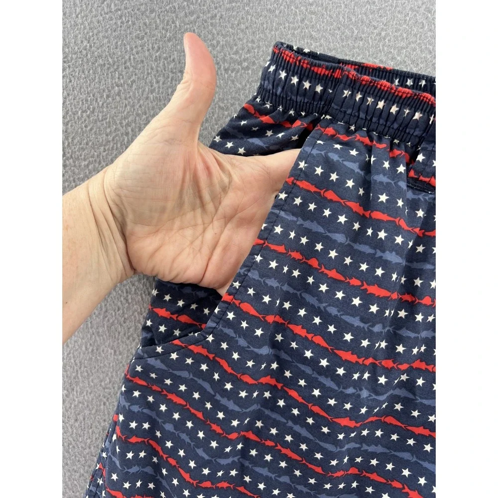 Columbia PFG Omni-Shade Swim Trunks Mens Sz M Navy Blue Stars Fish Americana 6in